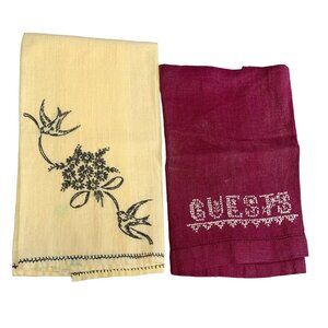 Vintage Embroidered Guest Hand Towels - Set of 2 - Floral & "Guests" Designs - M